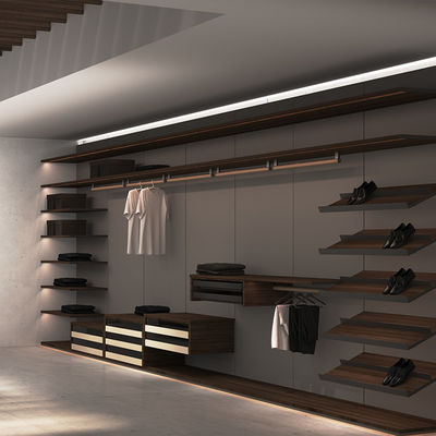 kwaliteit  Sliding Door Master Walk In Closet Furniture Wood Aluminium With Linear LED fabriek
